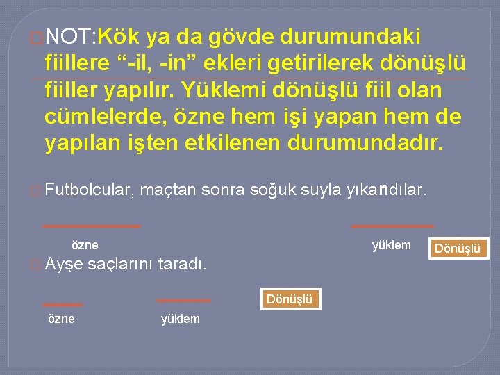 �NOT: Kök ya da gövde durumundaki fiillere “-il, -in” ekleri getirilerek dönüşlü fiiller yapılır.