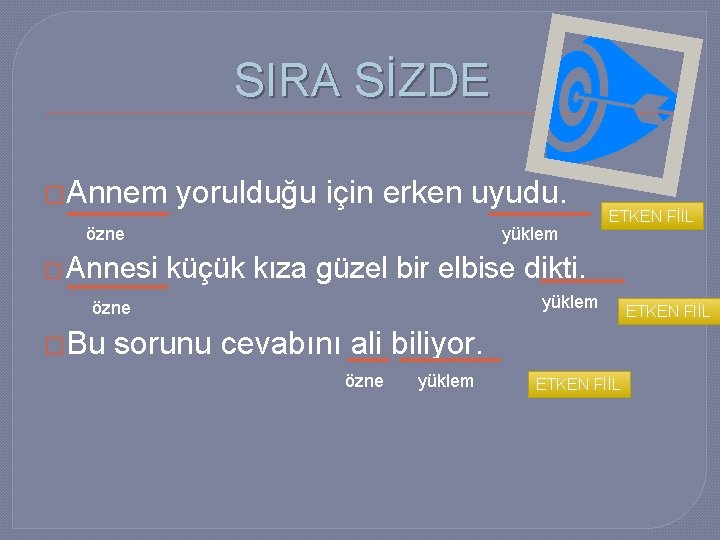 SIRA SİZDE �Annem yorulduğu için erken uyudu. özne � Annesi yüklem küçük kıza güzel
