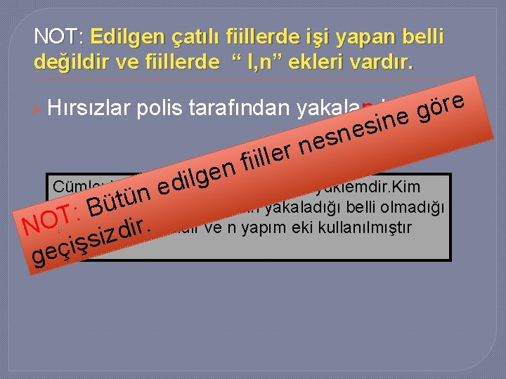 NOT: Edilgen çatılı fiillerde işi yapan belli değildir ve fiillerde “ l, n” ekleri