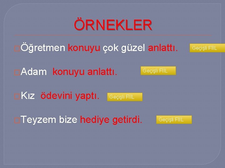 ÖRNEKLER �Öğretmen �Adam �Kız konuyu çok güzel anlattı. konuyu anlattı. ödevini yaptı. �Teyzem Geçişli