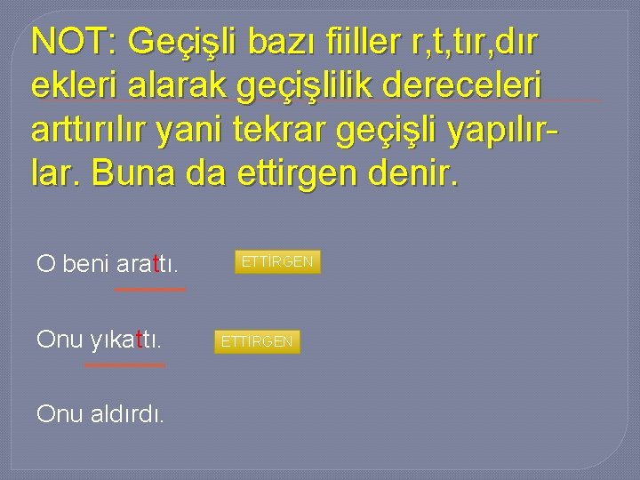 NOT: Geçişli bazı fiiller r, t, tır, dır ekleri alarak geçişlilik dereceleri arttırılır yani