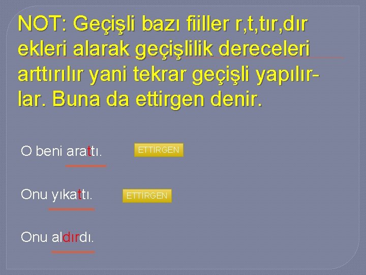 NOT: Geçişli bazı fiiller r, t, tır, dır ekleri alarak geçişlilik dereceleri arttırılır yani