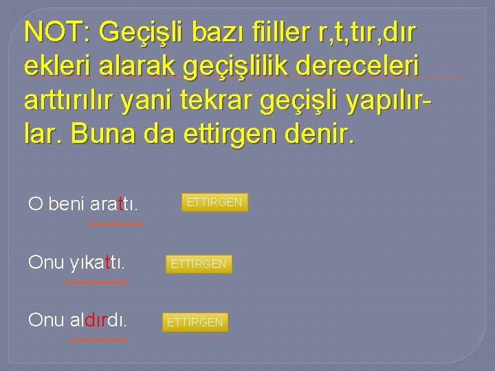 NOT: Geçişli bazı fiiller r, t, tır, dır ekleri alarak geçişlilik dereceleri arttırılır yani