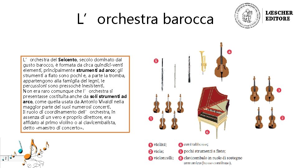 L’orchestra barocca L’orchestra del Seicento, secolo dominato dal gusto barocco, è formata da circa