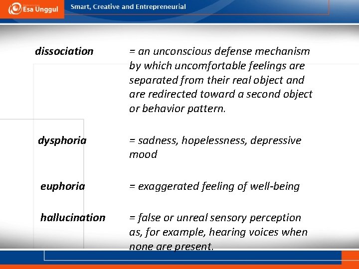 dissociation = an unconscious defense mechanism by which uncomfortable feelings are separated from their