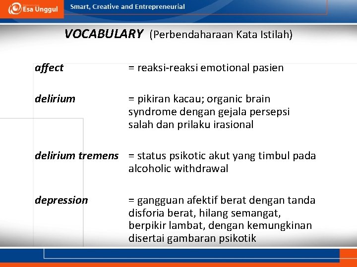 VOCABULARY (Perbendaharaan Kata Istilah) affect = reaksi-reaksi emotional pasien delirium = pikiran kacau; organic