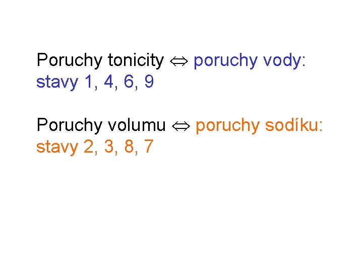 Poruchy tonicity poruchy vody: stavy 1, 4, 6, 9 Poruchy volumu poruchy sodíku: stavy