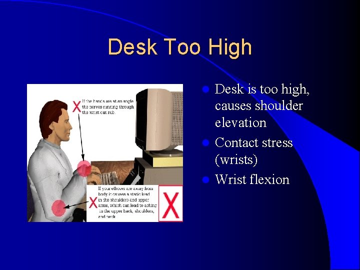 Desk Too High Desk is too high, causes shoulder elevation l Contact stress (wrists) Desk Too High Desk is too high, causes shoulder elevation l Contact stress (wrists)