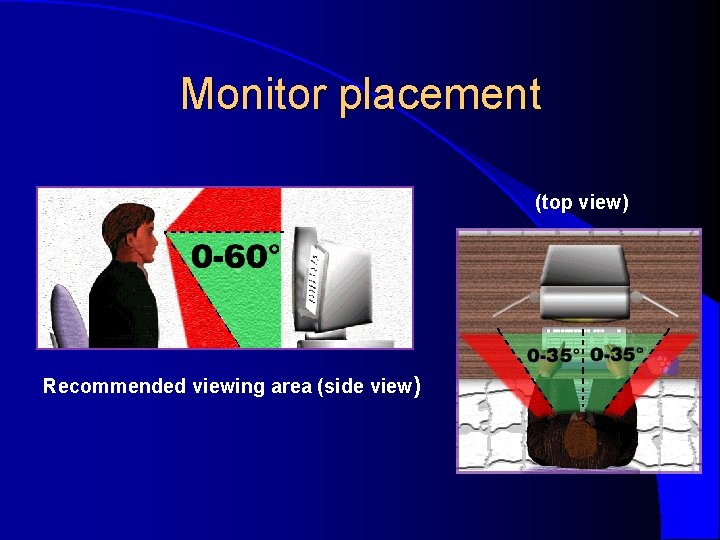 Monitor placement (top view) Recommended viewing area (side view) Monitor placement (top view) Recommended viewing area (side view)