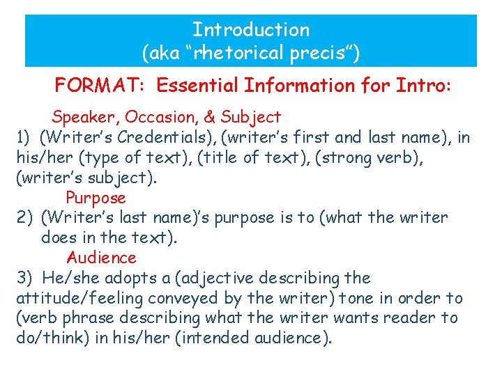 Introduction (aka “rhetorical precis”) FORMAT: Essential Information for Intro: Speaker, Occasion, & Subject 1)