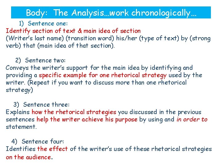 Body: The Analysis…work chronologically… 1) Sentence one: Identify section of text & main idea
