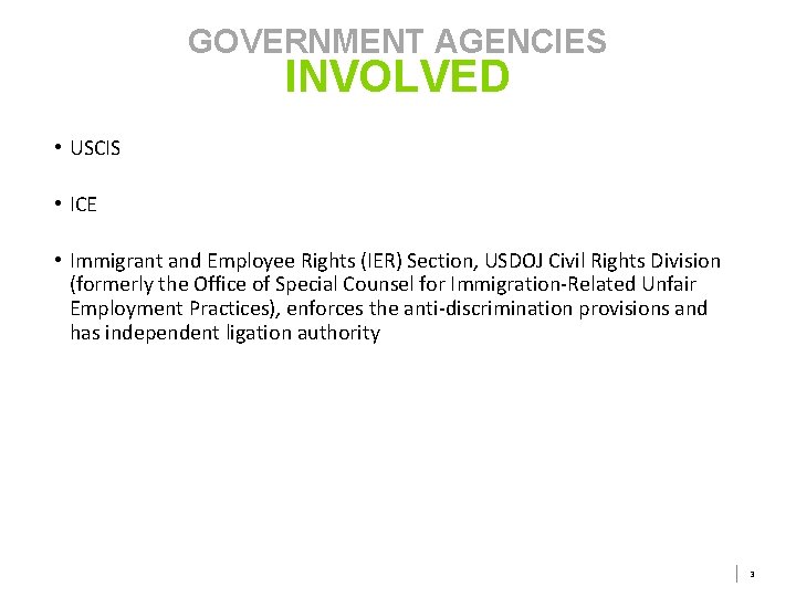 GOVERNMENT AGENCIES INVOLVED • USCIS • ICE • Immigrant and Employee Rights (IER) Section, GOVERNMENT AGENCIES INVOLVED • USCIS • ICE • Immigrant and Employee Rights (IER) Section,