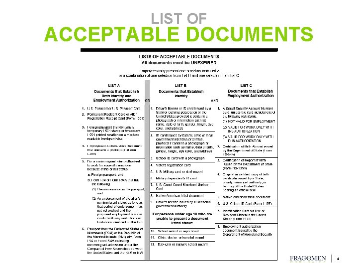 LIST OF ACCEPTABLE DOCUMENTS 4 LIST OF ACCEPTABLE DOCUMENTS 4