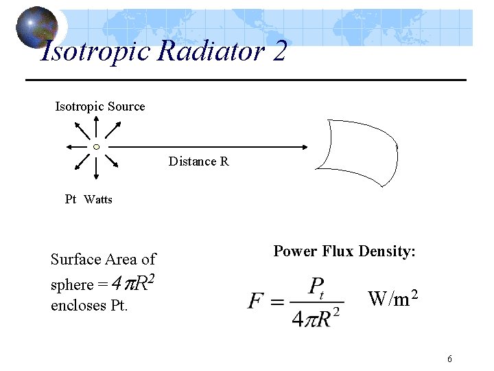 Isotropic Radiator 2 Isotropic Source Distance R Pt Watts Surface Area of sphere =