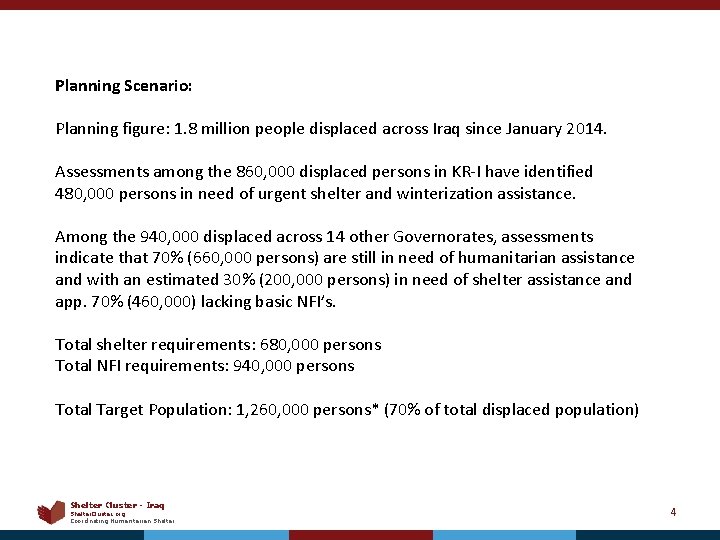 Planning Scenario: Planning figure: 1. 8 million people displaced across Iraq since January 2014.