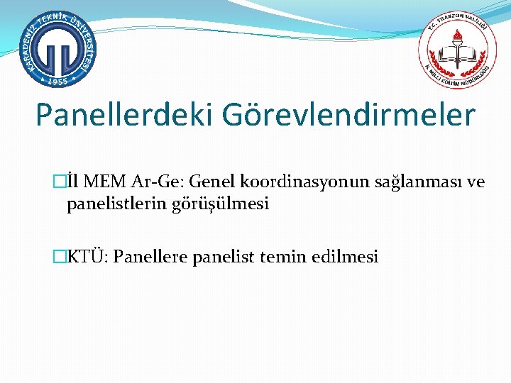 Panellerdeki Görevlendirmeler �İl MEM Ar-Ge: Genel koordinasyonun sağlanması ve panelistlerin görüşülmesi �KTÜ: Panellere panelist