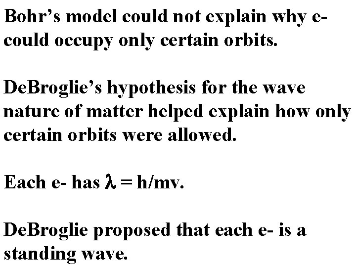 Bohr’s model could not explain why ecould occupy only certain orbits. De. Broglie’s hypothesis