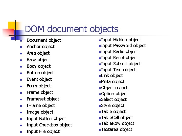 DOM document objects n n n n Document object Anchor object Area object Base