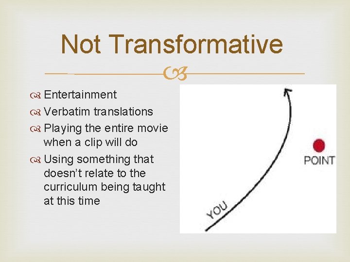 Not Transformative Entertainment Verbatim translations Playing the entire movie when a clip will do