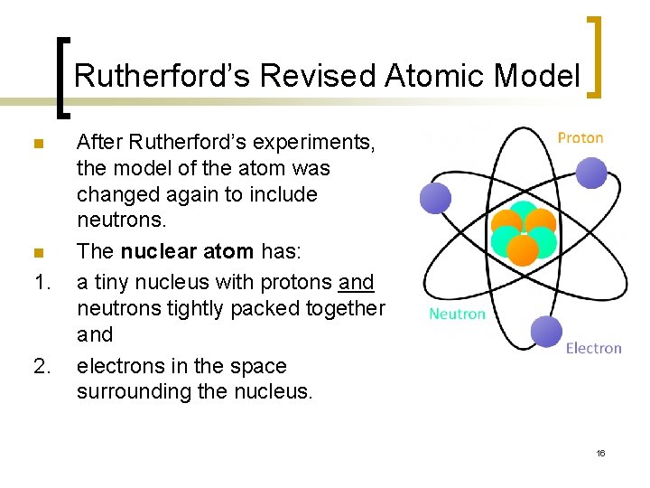 Rutherford’s Revised Atomic Model n n 1. 2. After Rutherford’s experiments, the model of