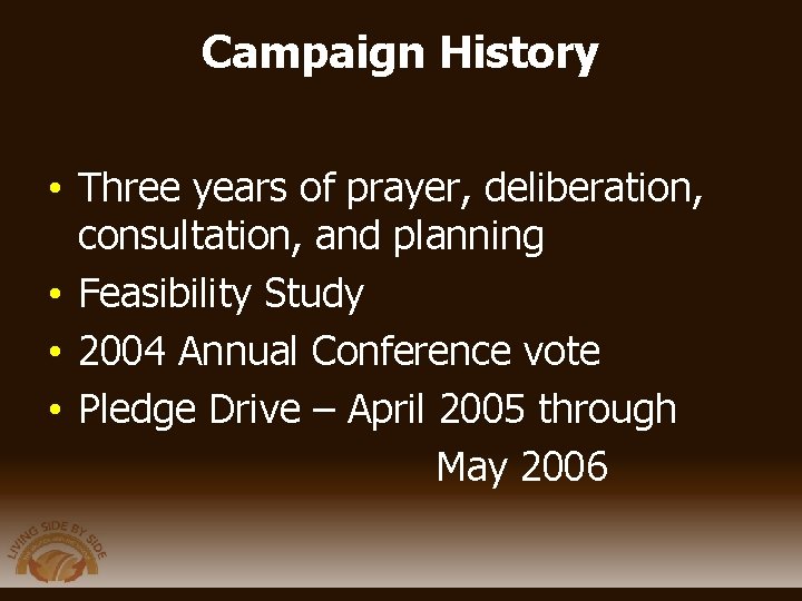 Campaign History • Three years of prayer, deliberation, consultation, and planning • Feasibility Study