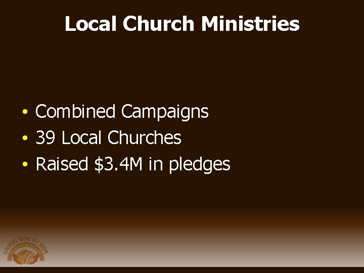 Local Church Ministries • Combined Campaigns • 39 Local Churches • Raised $3. 4