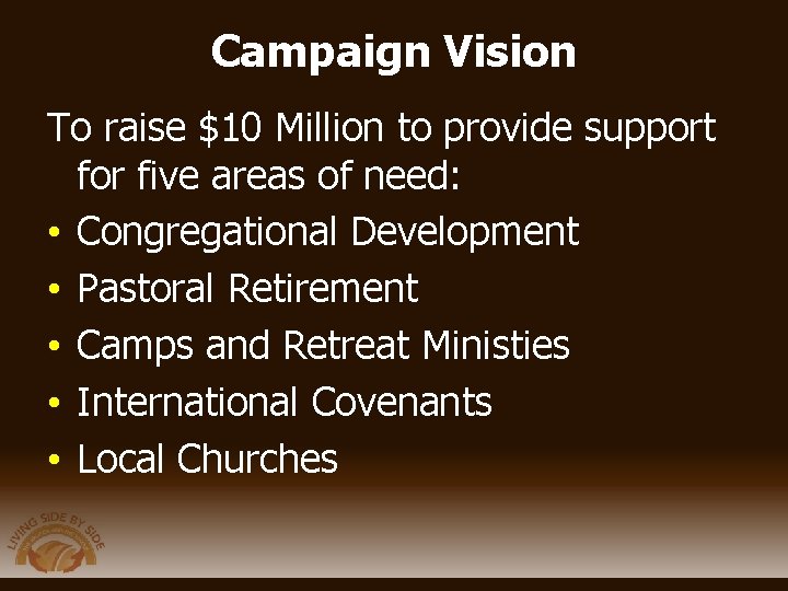 Campaign Vision To raise $10 Million to provide support for five areas of need: