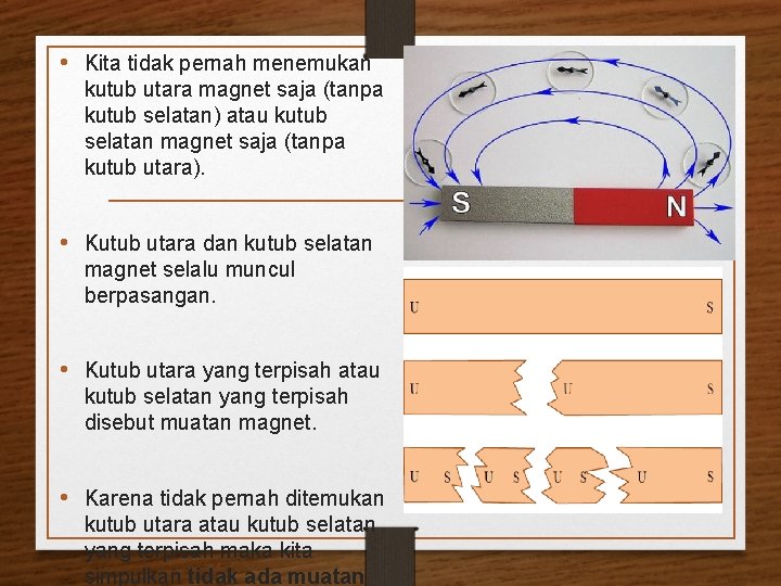  • Kita tidak pernah menemukan kutub utara magnet saja (tanpa kutub selatan) atau