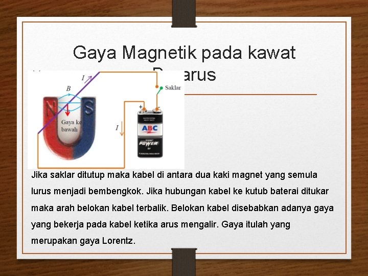 Gaya Magnetik pada kawat Berarus Jika saklar ditutup maka kabel di antara dua kaki