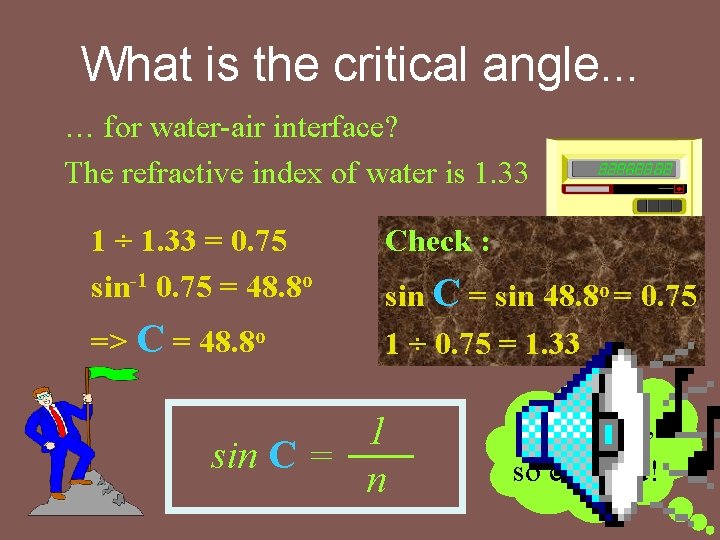 What is the critical angle. . . … for water-air interface? The refractive index