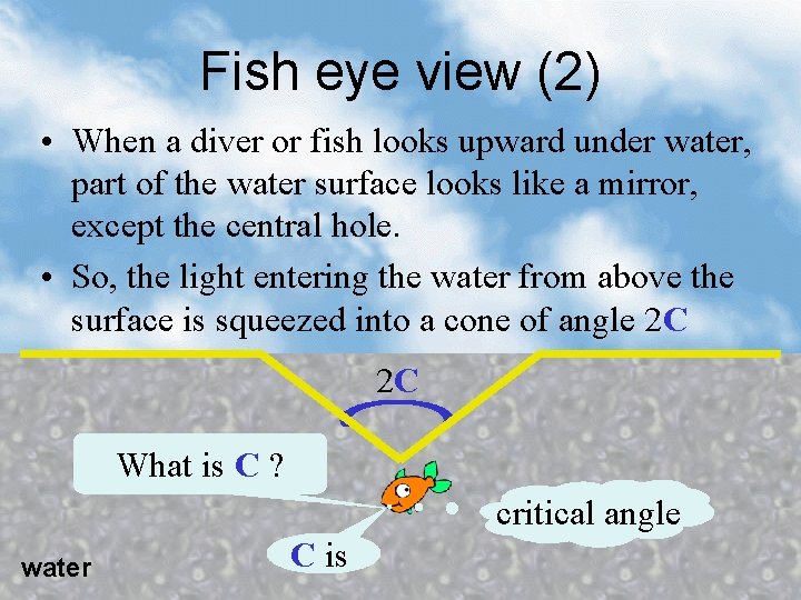 Fish eye view (2) • When a diver or fish looks upward under water,