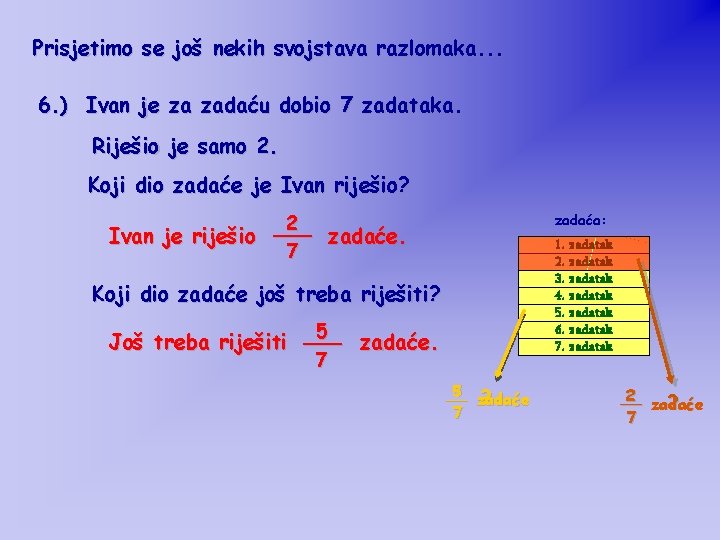 Prisjetimo se još nekih svojstava razlomaka. . . 6. ) Ivan je za zadaću Prisjetimo se još nekih svojstava razlomaka. . . 6. ) Ivan je za zadaću