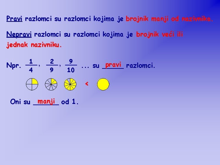 Pravi razlomci su razlomci kojima je brojnik manji od nazivnika. Nepravi razlomci su razlomci