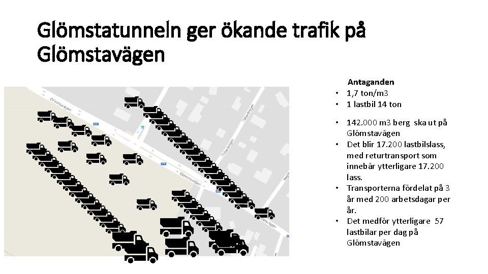 Glömstatunneln ger ökande trafik på Glömstavägen Antaganden • 1, 7 ton/m 3 • 1