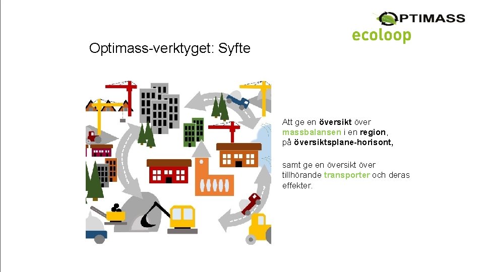 Optimass-verktyget: Syfte Att ge en översikt över massbalansen i en region, på översiktsplane-horisont, samt