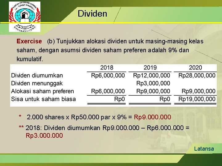 Dividen Exercise (b) Tunjukkan alokasi dividen untuk masing-masing kelas saham, dengan asumsi dividen saham