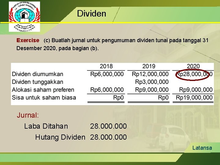 Dividen Exercise (c) Buatlah jurnal untuk pengumuman dividen tunai pada tanggal 31 Desember 2020,