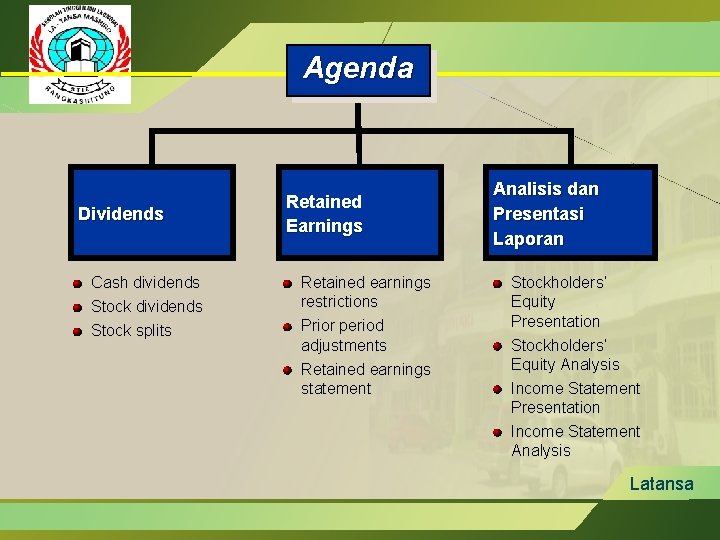 Agenda Dividends Cash dividends Stock splits Retained Earnings Retained earnings restrictions Prior period adjustments