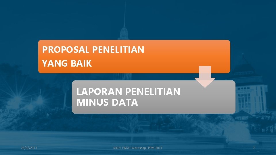 PROPOSAL PENELITIAN YANG BAIK LAPORAN PENELITIAN MINUS DATA 28/8//2017 MOH. FADLI-Workshop LPPM-2017 7 