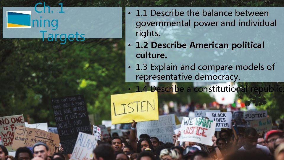 Ch. 1 Learning Targets • 1. 1 Describe the balance between governmental power and