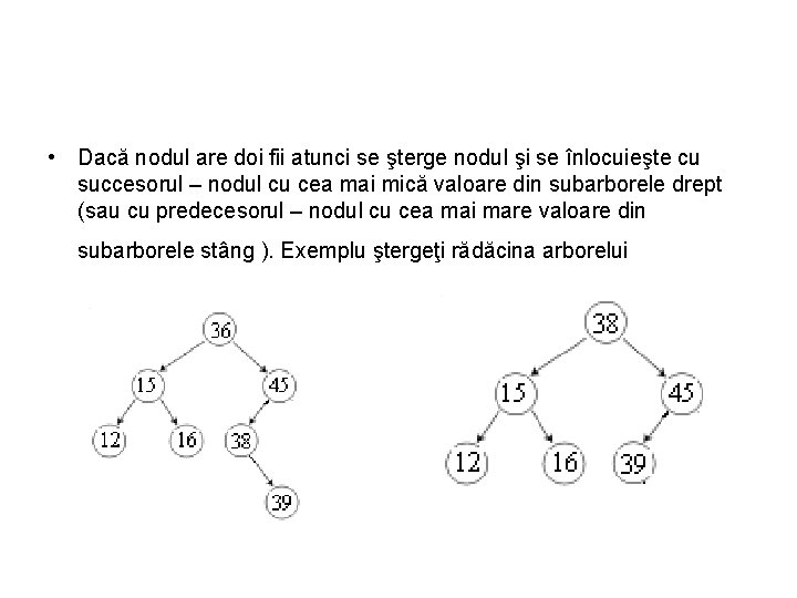  • Dacă nodul are doi fii atunci se şterge nodul şi se înlocuieşte