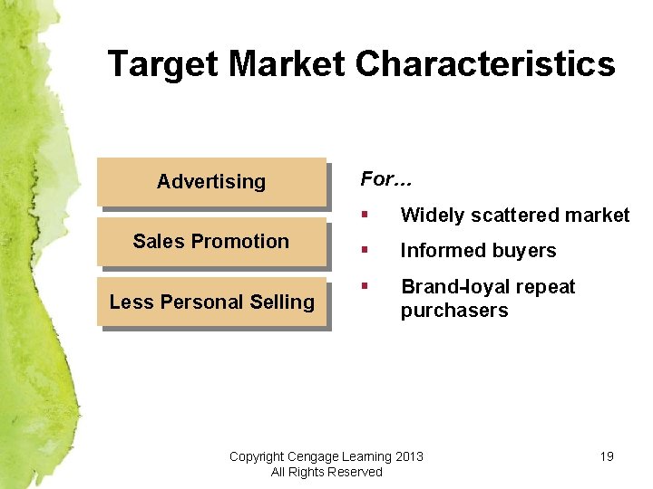 Target Market Characteristics Advertising Sales Promotion Less Personal Selling For… § Widely scattered market