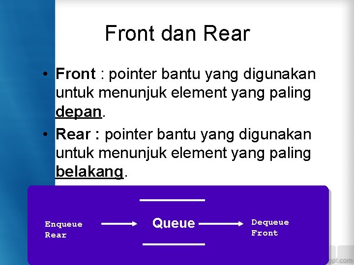 Front dan Rear • Front : pointer bantu yang digunakan untuk menunjuk element yang