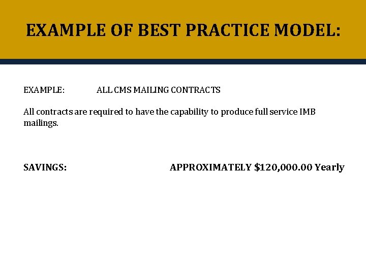 EXAMPLE OF BEST PRACTICE MODEL: EXAMPLE: ALL CMS MAILING CONTRACTS All contracts are required