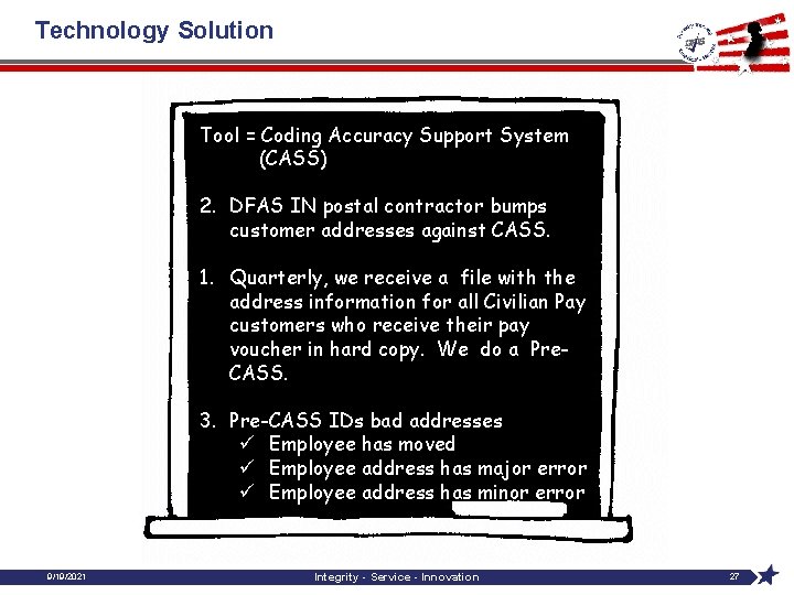 Technology Solution Tool = Coding Accuracy Support System (CASS) 2. DFAS IN postal contractor