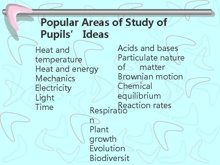 Popular Areas of Study of Pupils’ Ideas Acids and bases Heat and Particulate nature
