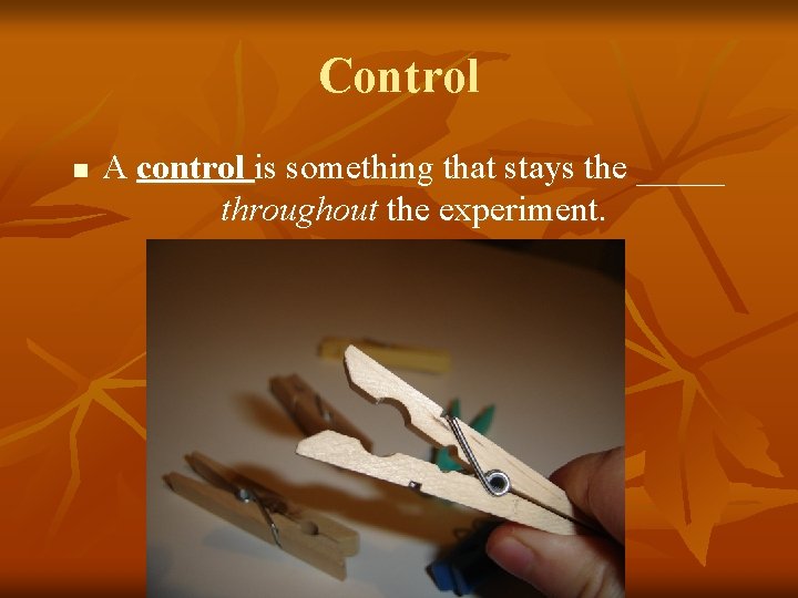 Control n A control is something that stays the _____ throughout the experiment. 