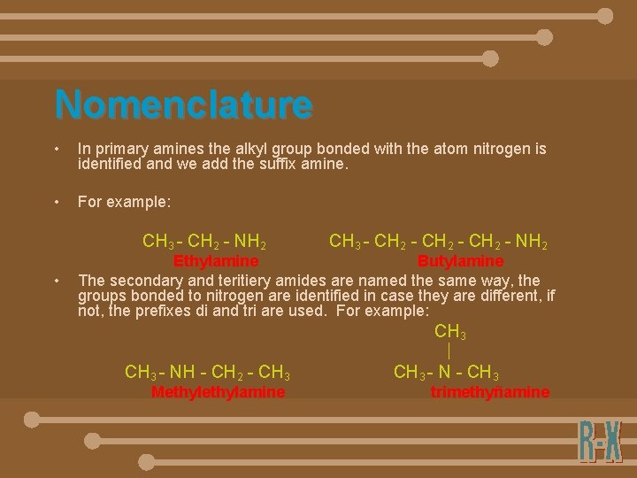 Nomenclature • In primary amines the alkyl group bonded with the atom nitrogen is