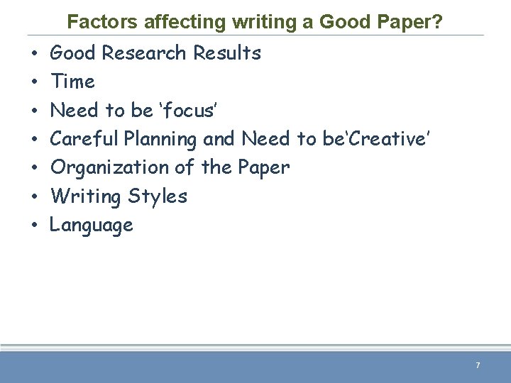 Factors affecting writing a Good Paper? • • Good Research Results Time Need to