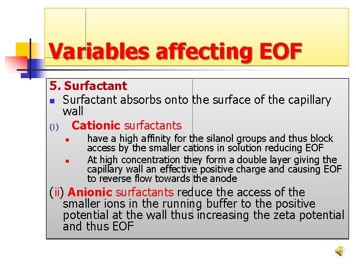 Variables affecting EOF 5. Surfactant n Surfactant absorbs onto the surface of the capillary Variables affecting EOF 5. Surfactant n Surfactant absorbs onto the surface of the capillary